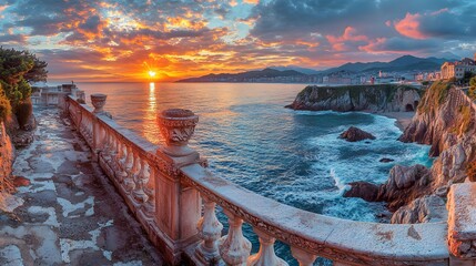 Fototapeta premium Breathtaking Scenic View of La Concha Railing in San Sebastian Guipuzcoa During Sunset from a Maritime Viewpoint