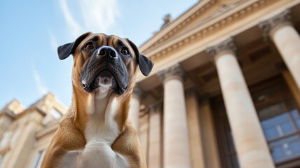Dog standing in front of classical building with columns, bright blue sky