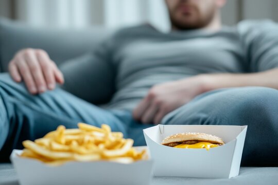 Man sitting on couch with fast food, holding stomach after overeating, unhealthy eating concept.