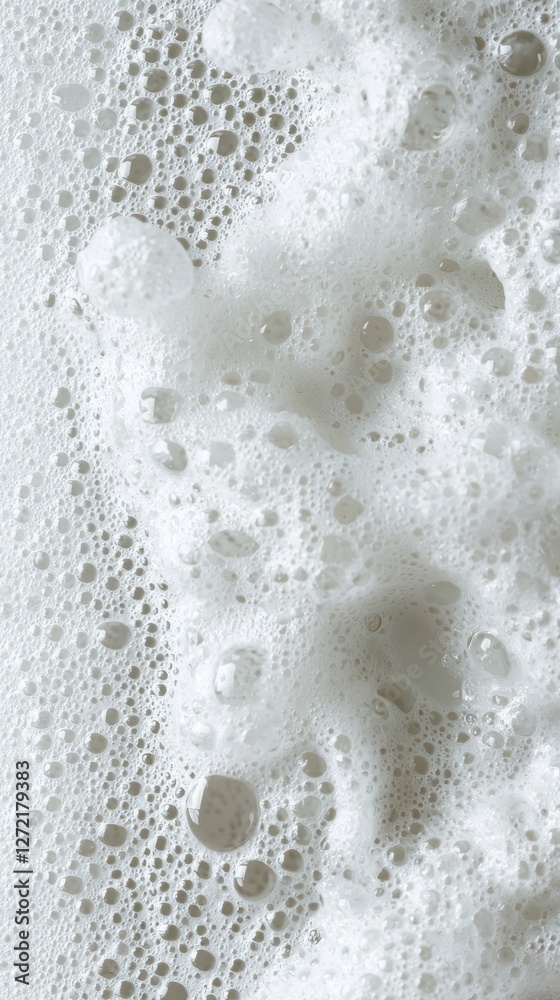 Poster Dazzling white bubbles form a captivating texture, resembling an ethereal landscape. Droplets catch light, creating a beautiful interplay of shine and softness as they float serenely