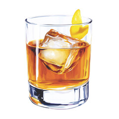 A modern, designer-style illustration of a tumbler glass with a vibrant orange-brown liquid and a lemon peel, sleek and minimalist, transparent background, PNG