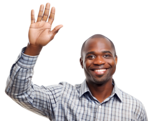 African American man raising hand isolated on white background