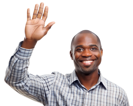 African American man raising hand isolated on white background
