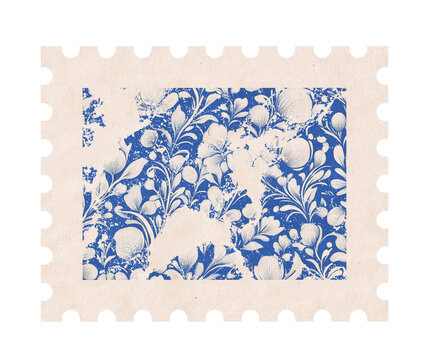 Postage stamp vintage floral distressed beige and blue vertical blank postage stamp with copy space	