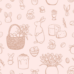 Seamless pattern with Easter elements in pastel pink colors