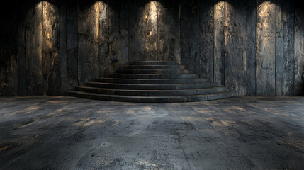 Dark concrete room, circular stairs, product display