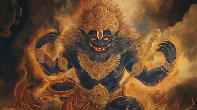 Fierce and dramatic artwork of Lord Narasimha in a flaming backdrop, symbolizing unstoppable power and cosmic justice.
