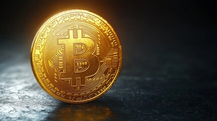 Glowing Bitcoin on dark surface, finance concept