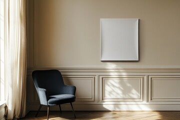 Modern Gallery Corner: Standing Canvas Beside Beige Living Room Wall and Stylish Armchair