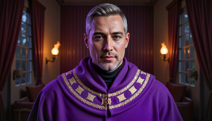 Regal runic mayor in shimmering purple robe with golden symbols, high-fantasy atmosphere