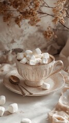 A warm cup of hot cocoa topped with marshmallows, sitting on a rustic wooden table, creating a cozy winter atmosphere.  
