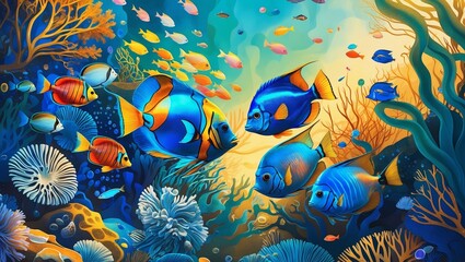 Naklejka premium Colorful coral reef ecosystem vibrant with various fish species swimming in warm waters during midday