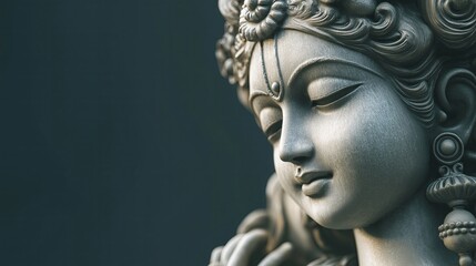 A beautifully sculpted marble statue of Lord Krishna, softly illuminated, representing divinity, peace, and spirituality.  
