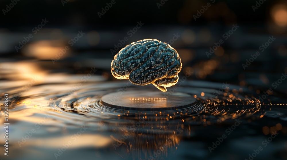 Poster the concept of stock features a brain over a circuit board with a heads-up display and technology co