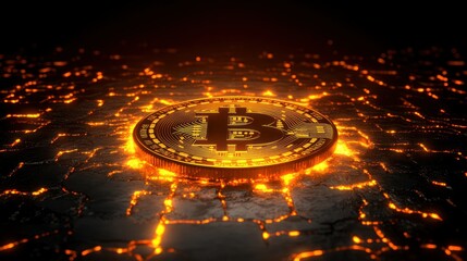 Glowing Bitcoin on fiery digital surface, dark background