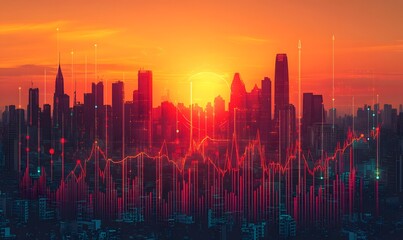 City skyline at sunset with overlayed financial chart and data points in red hues