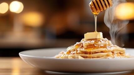 Stack of pancakes with butter and honey drizzle