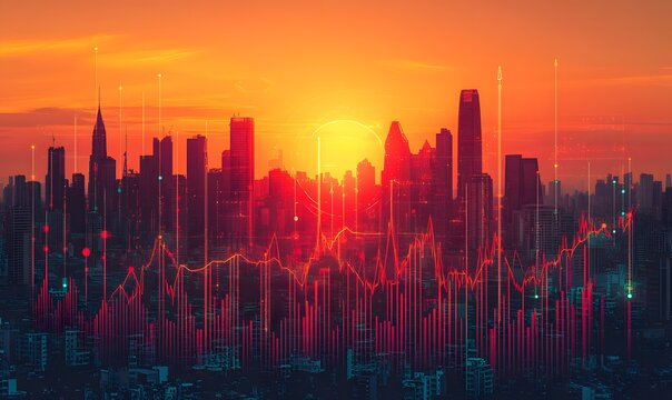 City skyline at sunset with overlayed financial chart and data points in red hues