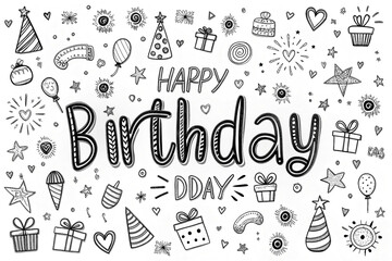 Hand drawn birthday doodle illustration on white background