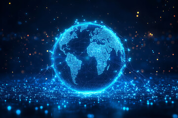 A futuristic digital globe with glowing network connections linking different parts of the world.
