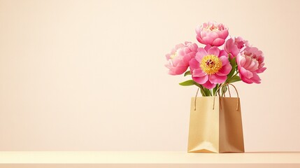 Naklejka premium A pink vase holding flowers rests atop a white table beside a brown paper bag also placed on a table