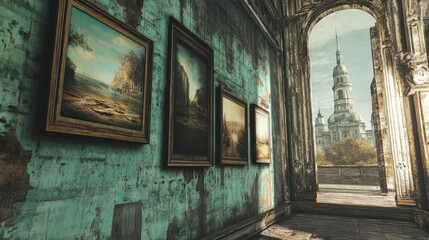 Faded travel posters in ornate frames