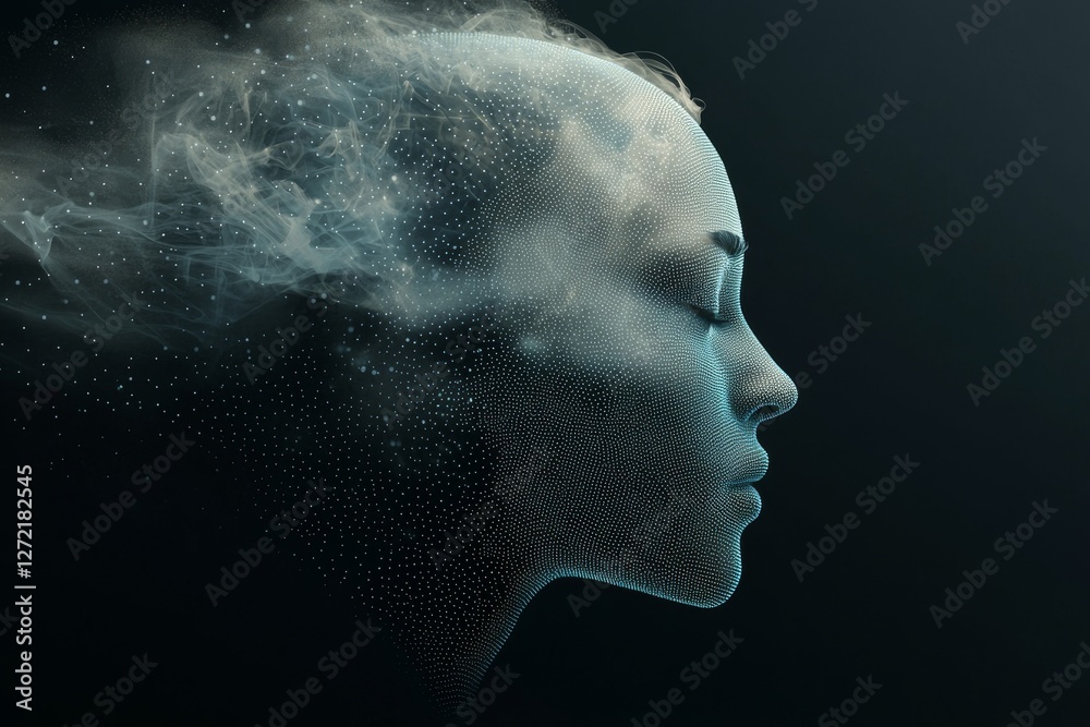 Poster a dark backdrop features an abstract polygonal head outline with a mock-up placeholder, symbolizing 