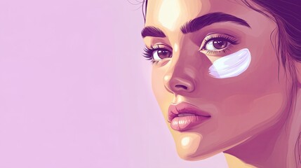 Obraz premium Digital illustration of a beautiful woman with glowing skin, applying skincare cream under her eye, symbolizing beauty, self-care, and skincare routine. 