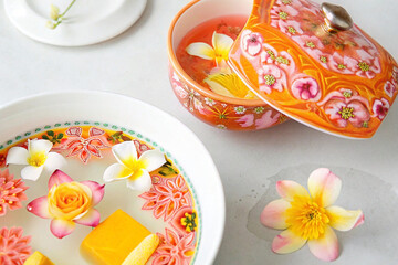 Floral dessert presentation, decorative bowl, light background,  luxury dining
