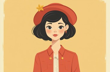 Young woman in dress, hat and gloves in 40s style. Fashionable female character with bag in retro stylish clothes. Clipart vintage cartoon illustration, on light beige background