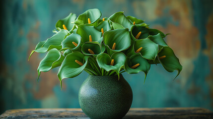 Elegant bouquet of dark green calla lilies with golden accents, arranged with trailing ivy in modern geometric vase, minimalist style