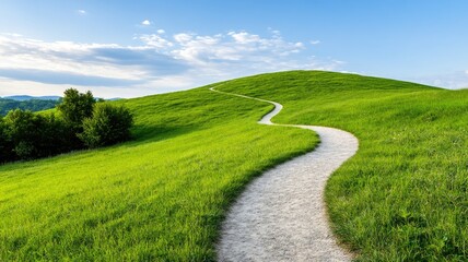 Fototapeta premium Serene path winding through lush, green hills under blue sky