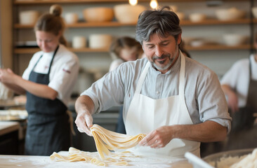participant carefully plating a dish under the guidance of a professional chef