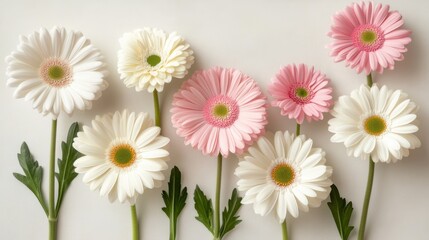 Fototapeta premium Scattered gerbera daisies in shades of white and soft pink on a neutral background, gentle lighting creating a dreamy atmosphere, flat design with copy space, high-detail clarity