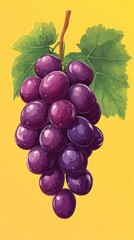 Fototapeta premium Illustrative Representation of a Bunch of Purple Grapes with Green Leaves on a Bright Yellow Background Highlighting Viticulture and Fruity Abundance
