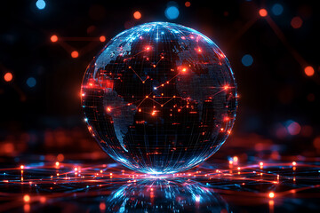 Obraz premium A futuristic digital globe with glowing network connections linking different parts of the world.