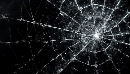 Obraz premium Close-up of cracked glass with intricate spider web pattern on dark background
