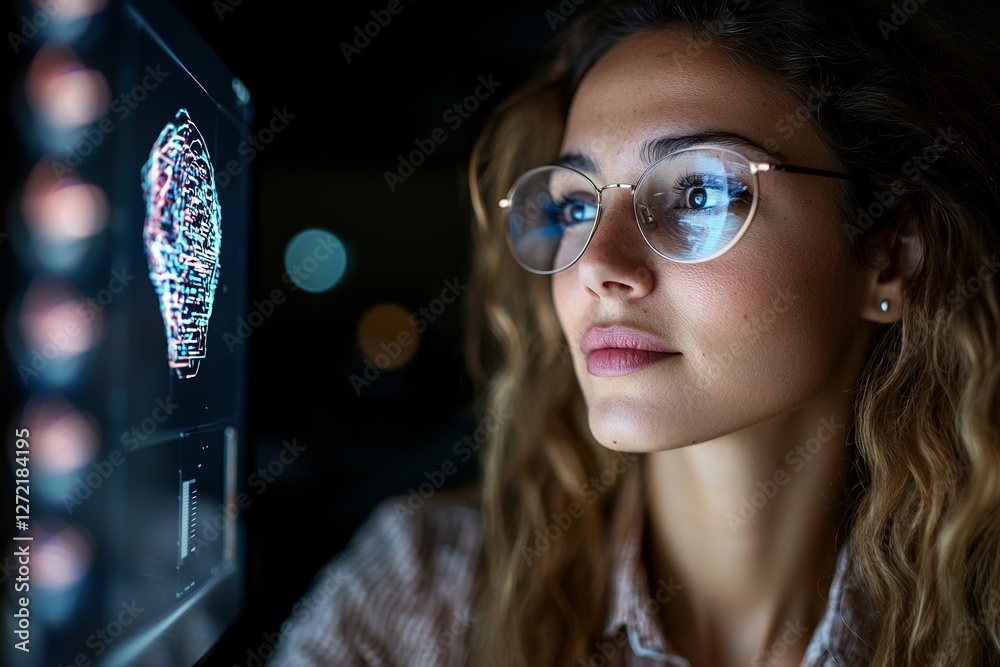 Poster a female engineer utilizes a futuristic interface, including a holographic gui, to manage and analyz