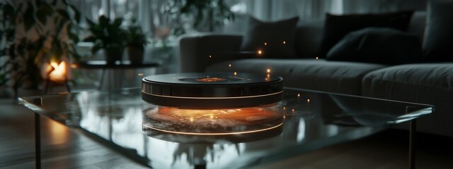 A futuristic robotic vacuum cleaner with wireless capabilities and a heads-up display, showcasing smart home technology and internet of things integration, set in a living room environment, as