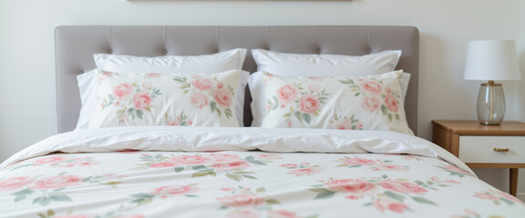 Elegant floral bedding set with soft pink roses on white fabric creating a fresh, inviting ambiance in a cozy bedroom featuring a modern lamp and neutral decor