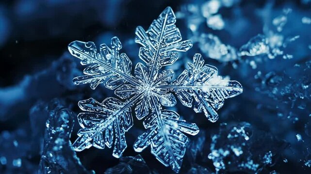 Beautiful symmetrical snowflake in the snow on the ground. Seasonal winter footage