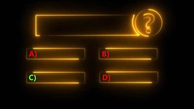 Quiz Neon Line Animation with option selection on black background ,Quiz template challenge with option selection, Neon Line Animation on empty background for quiz and competition