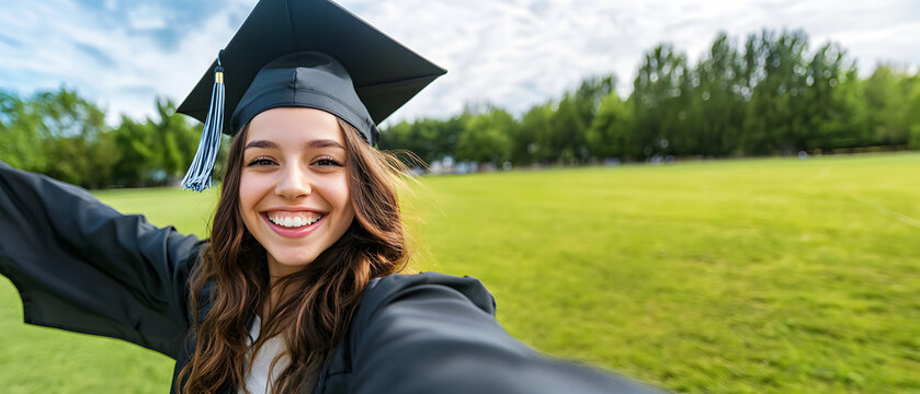 A happy young woman taking a selfie on her graduation day, proud of achieving her goals
