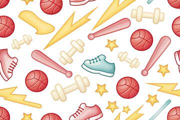 Sports equipment seamless pattern with lightning bolts