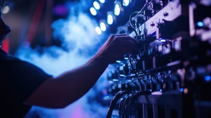 Lighting technician adjusting lights on professional lighting equipment during live event or concert, creating a vibrant and dynamic atmosphere with colorful smoke and light effects