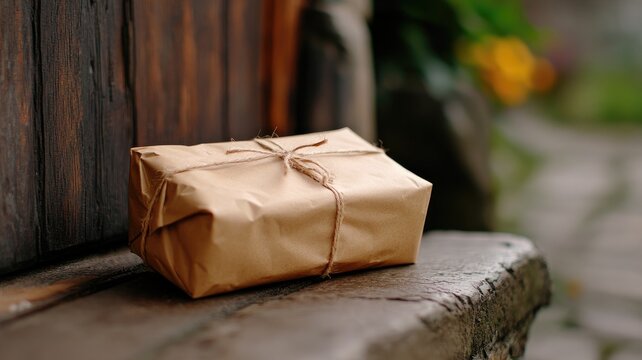 Small brown paper package with twine, placed outdoors on wooden surface
