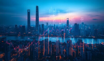 Urban landscape with digital overlay showing data graphs and glowing lines over city buildings