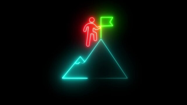 Glowing neon line of man conquering mountain peak icon isolated on transparent background Business concept of victory, success, goal achiever Success icon animation with neon shine on black background