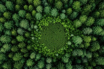 Aerial view of a mesmerizing spiral tree plantation surrounded by dense green forest