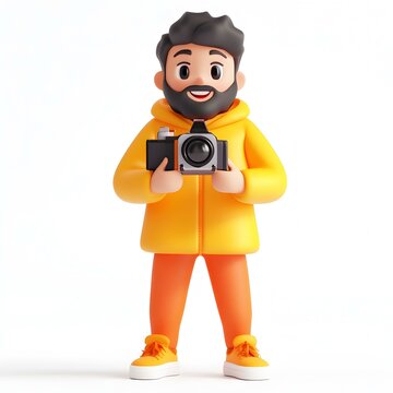 recommend clip art: Smiling Cartoon Photographer in Yellow Raincoat Holding Camera